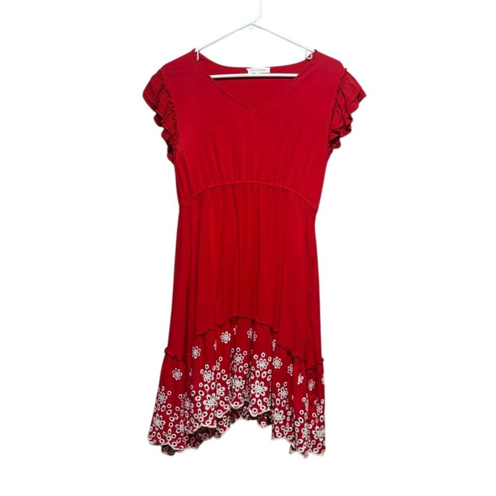 Solitaire Red Boho Rayon Dress Small S POCKETS Eyelet Embroidered Ruffle Hem